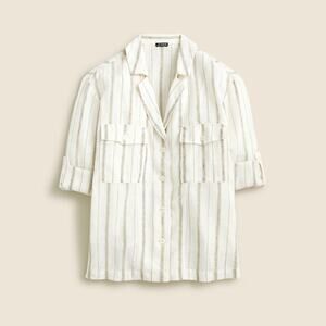 J.Crew Stripe Featherweight Linen Blend Camp-Collar Button-Up Shirt Ivory 12 NWT